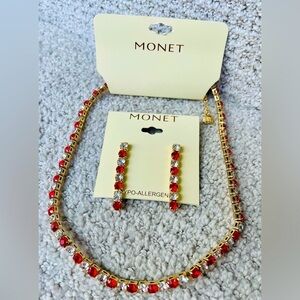 NWT Monet Gold Tone Red Clear Crystal Necklace Drop Earring Set Holiday Gift